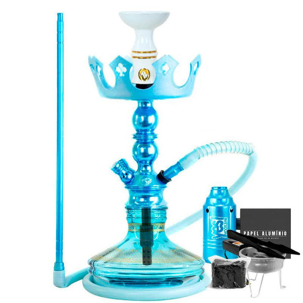 Narguile Pequeno Zeus Single Azul Claro Vaso Brisas Genie Prato Coroa Piteira ArguileBr Silicone Rosh Alusi Kiso Completo