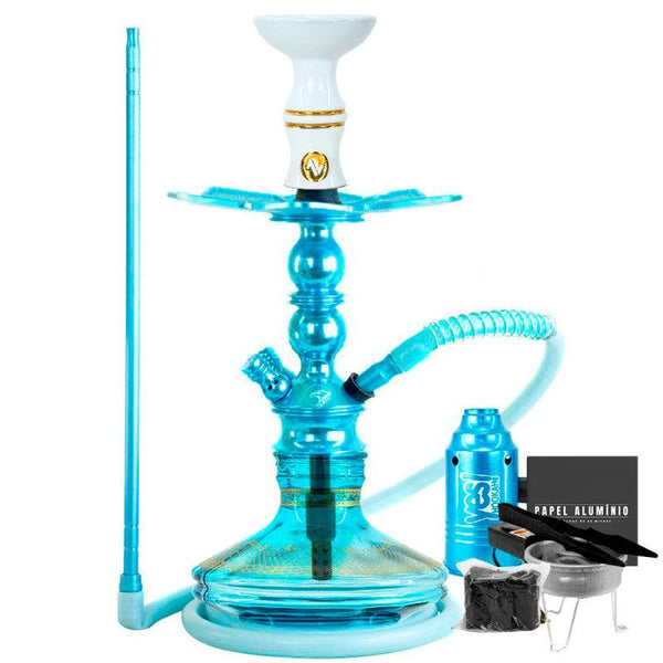 Narguile Pequeno Zeus Single Azul Claro Vaso Brisas Genie Prato Flush Piteira ArguileBr Silicone Rosh Alusi Kiso Completo