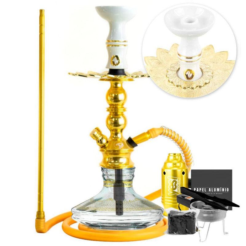 Narguile Pequeno Zeus Single Dourado Brisas Genie Gold Prato Alusi Piteira ArguileBr Silicone Rosh Alusi Kiso Completo