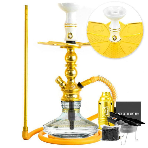 Narguile Pequeno Zeus Single Dourado Vaso Brisas Genie Prato Flush Piteira ArguileBr Silicone Rosh Alusi Kiso Completo