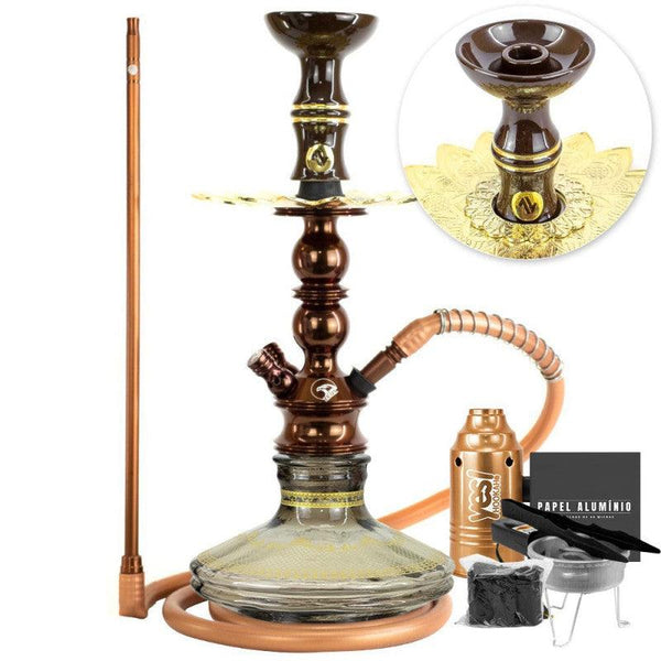Narguile Pequeno Zeus Single Marrom Brilho Vaso Listra Gold Prato Alusi Piteira ArguileBr Silicone Rosh Alusi Kiso Completo