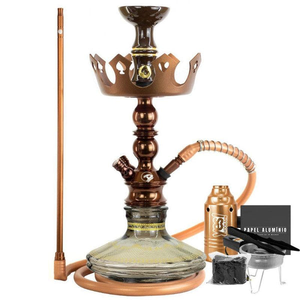 Narguile Pequeno Zeus Single Marrom Brilho Vaso Listra Gold Prato Coroa Piteira ArguileBr Silicone Rosh Alusi Kiso Completo