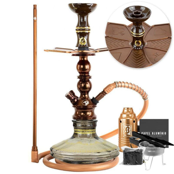 Narguile Pequeno Zeus Single Marrom Brilho Vaso Listra Gold Prato Flush Piteira ArguileBr Silicone Rosh Alusi Kiso Completo