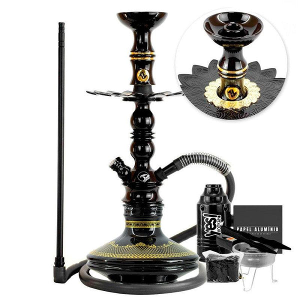 Narguile Pequeno Zeus Single Preto Brilho Vaso Brisas Genie Prato Alusi Piteira ArguileBr Silicone Rosh Alusi Kiso Completo