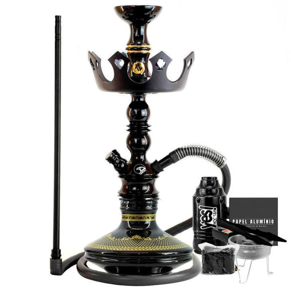 Narguile Pequeno Zeus Single Preto Brilho Vaso Brisas Genie Prato Coroa Piteira ArguileBr Silicone Rosh Alusi Kiso Completo