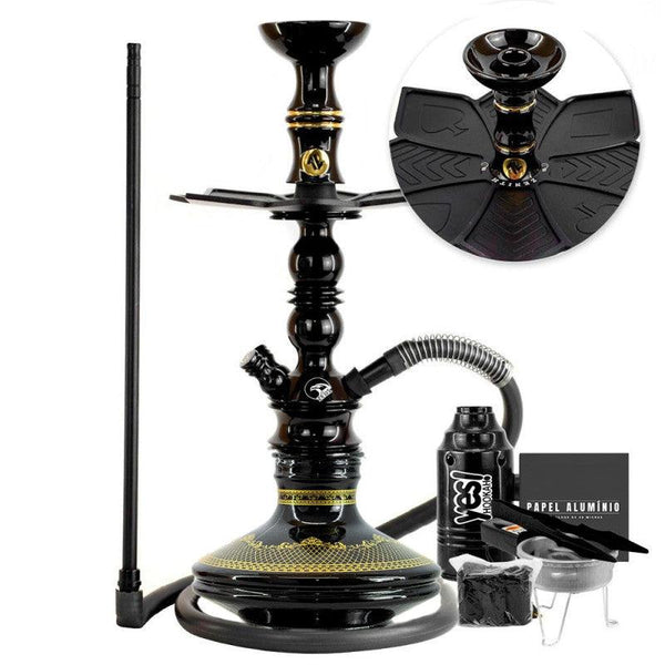 Narguile Pequeno Zeus Single Preto Brilho VasoBrisas Genie Prato Flush Piteira ArguileBr Silicone Rosh Alusi Kiso Completo