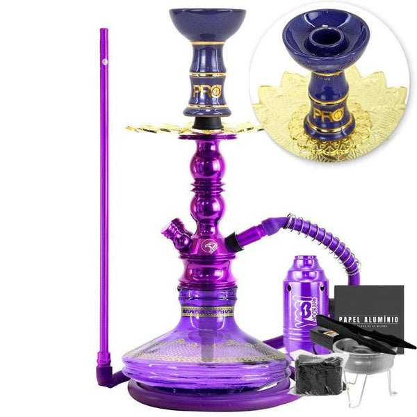 Narguile Pequeno Zeus Single Roxo Brilho Vaso Listra Gold Prato Alusi Piteira ArguileBr Silicone Rosh Alusi Kiso Completo