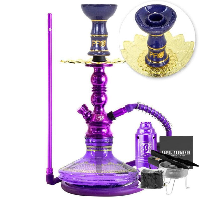 Narguile Pequeno Zeus Single Roxo Brilho Vaso Listra Gold Prato Alusi Piteira ArguileBr Silicone Rosh Alusi Kiso Completo