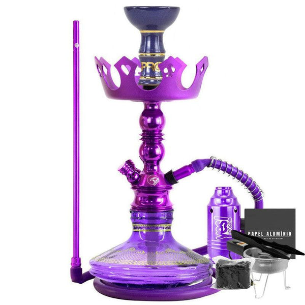 Narguile Pequeno Zeus Single Roxo Brilho Vaso Listra Gold Prato Coroa Piteira ArguileBr Silicone Rosh Alusi Kiso Completo