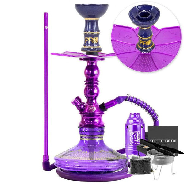 Narguile Pequeno Zeus Single Roxo Brilho Vaso Listra Gold Prato Flush Piteira ArguileBr Silicone Rosh Alusi Kiso Completo