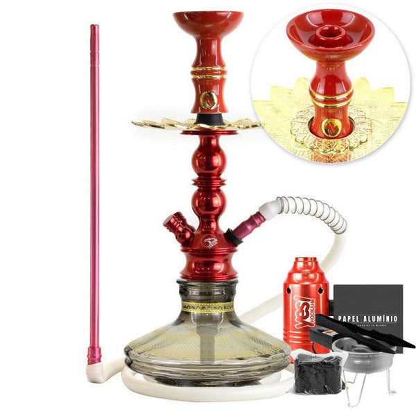 Narguile Pequeno Zeus Single Vermelho Brilho Vaso Listra Gold Prato Alusi Piteira ArguileBr Silicone Rosh Alusi Kiso Completo
