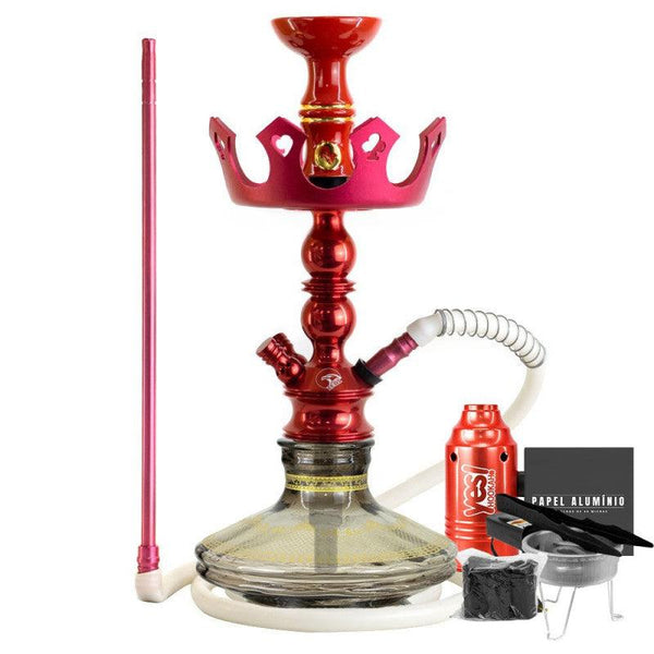 Narguile Pequeno Zeus Single Vermelho Brilho Vaso Listra Gold Prato Coroa Piteira ArguileBr Silicone Rosh Alusi Kiso Completo