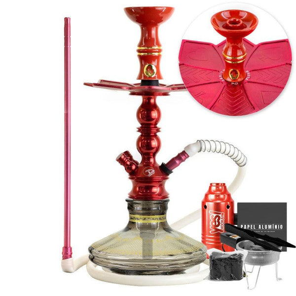 Narguile Pequeno Zeus Single Vermelho Brilho Vaso Listra Gold Prato Flush Piteira ArguileBr Silicone Rosh Alusi Kiso Completo