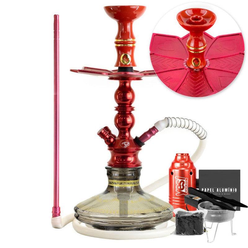 Narguile Pequeno Zeus Single Vermelho Brilho Vaso Listra Gold Prato Flush Piteira ArguileBr Silicone Rosh Alusi Kiso Completo